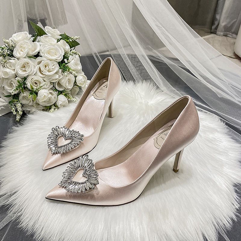 Champagne Colored Crystal Buckled High Heels White Satin French Style Wedding Dress Shoes Bridesmaid Dress Accessories_vogvips.com