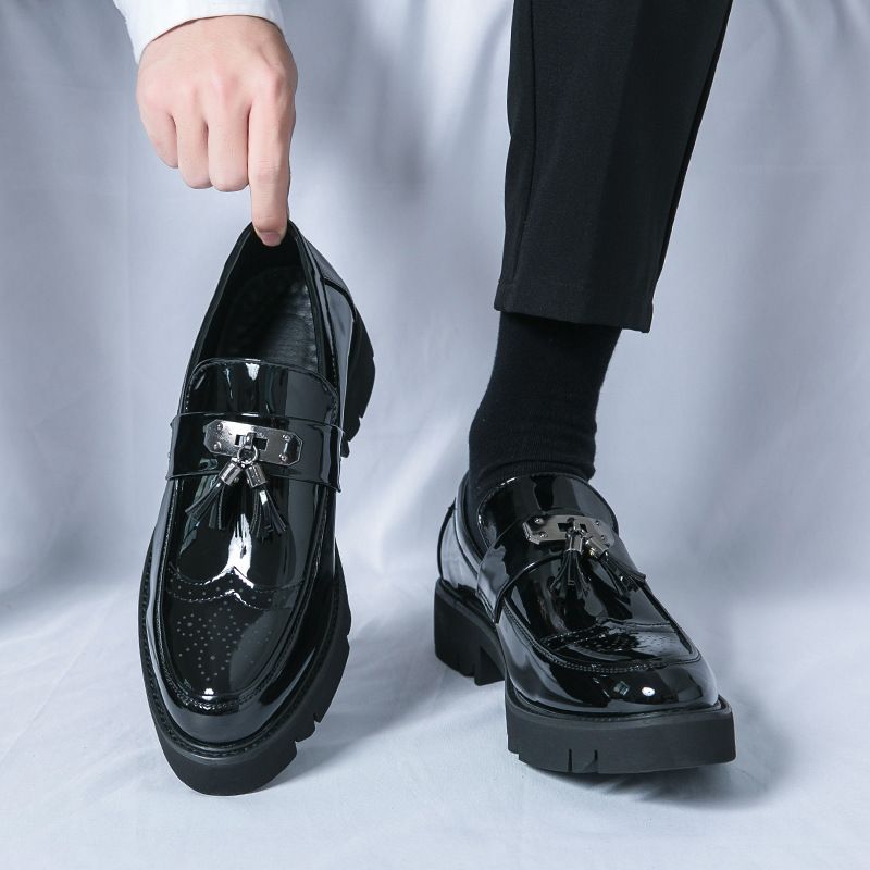 Black Loafers For Men Patent Leather Tassels Round Toe Block Mens Formal Shoes Handmade Size 38-46 Mens Shoes_vogvips.com