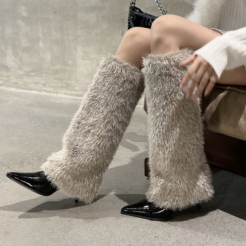 Style European And American White Furry Fashion Autumn Winter New Warm Cotton Thin High Heel Boots For Women_vogvips.com