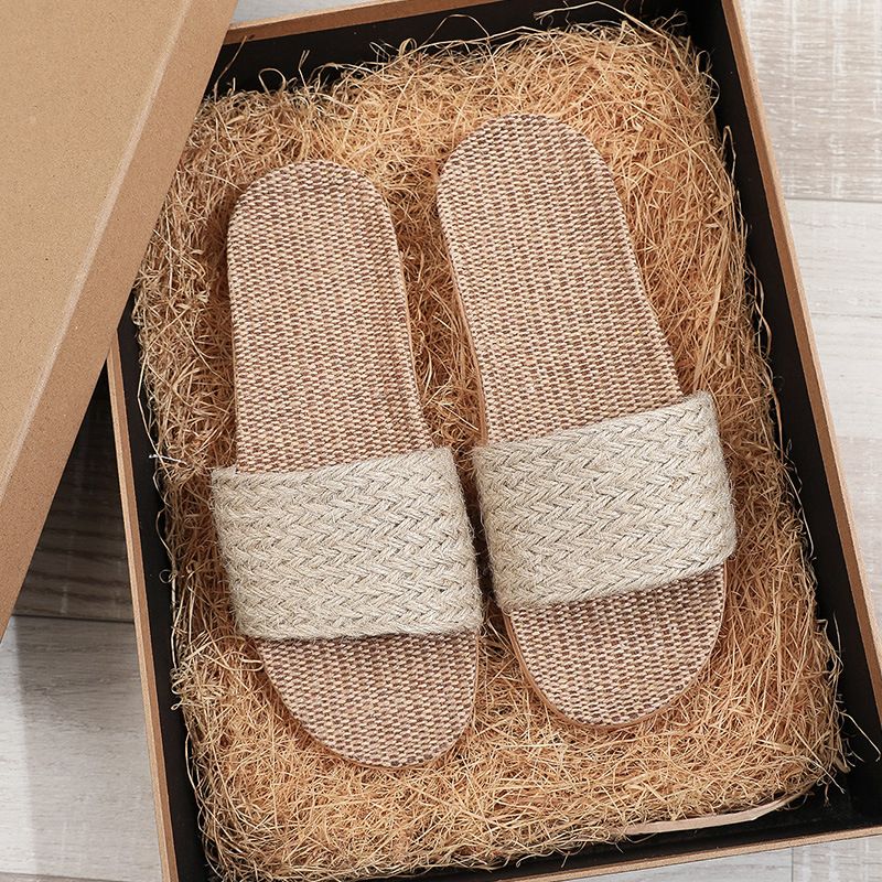 Summer Slippers Woven Home Indoor Couple Sandals Breathable Non-Slip Sweat-Absorbing Wooden Floor Cotton Linen Straw_vogvips.com