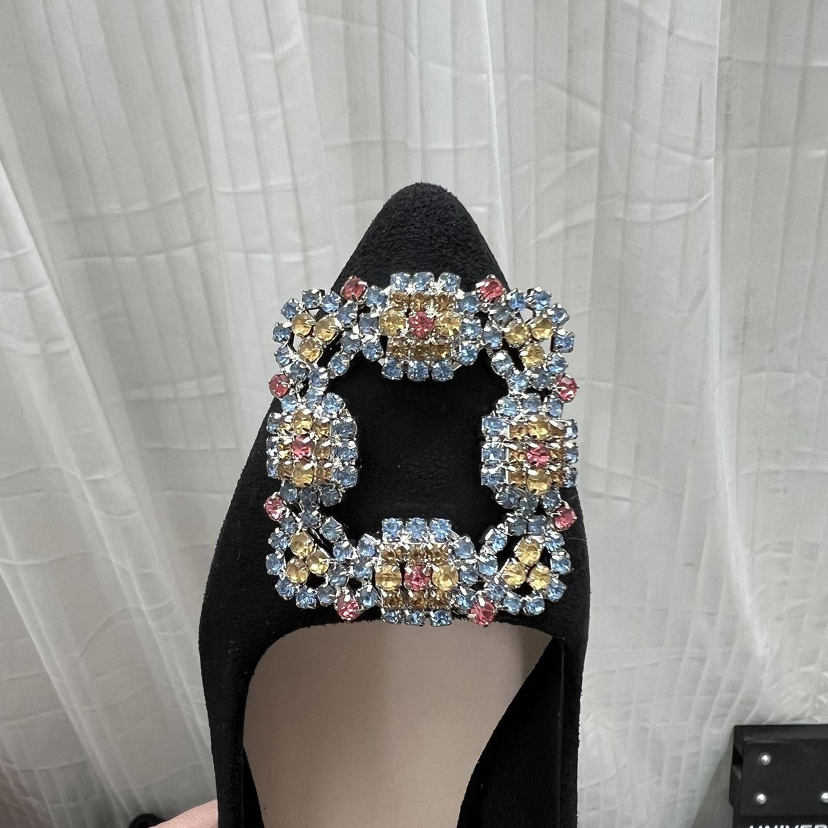 2025 Pointed Toe Elegant Shallow Versatile Rhinestone New Square Buckle Black Women's Work Shoes French High Heels_vogvips.com