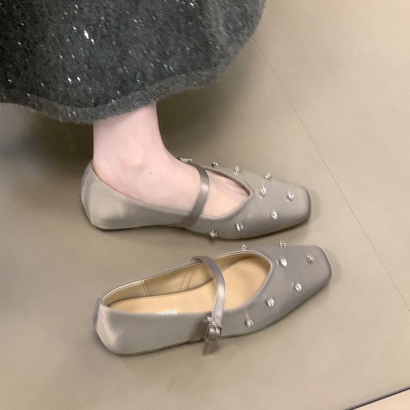French-style Satin Square-toed Mary Jane With Rhinestones And Internal Height Increase, New Spring/autumn Single-strap_vogvips.com