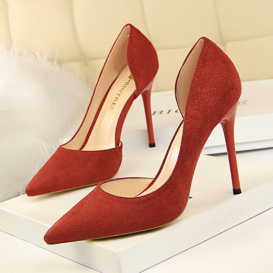 8918-2 European And American Style Simple Thin Ultra High Heel Suede Shallow Mouth Pointed Toe Sexy Nightclub Slimming_vogvips.com