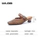 WLQS Woven Hollow Out Mary Jane Women's Mules And Clogs Retro Square Toe Low Heel Buckle Strap Casual Slip On Office_vogvips.com