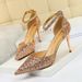 283-A1 Sexy Nightclub Women's Shoes High Shallow Mouth, Pointed Metal Thin Heels, One Line With Sequins, Hollow Sandals_vogvips.com