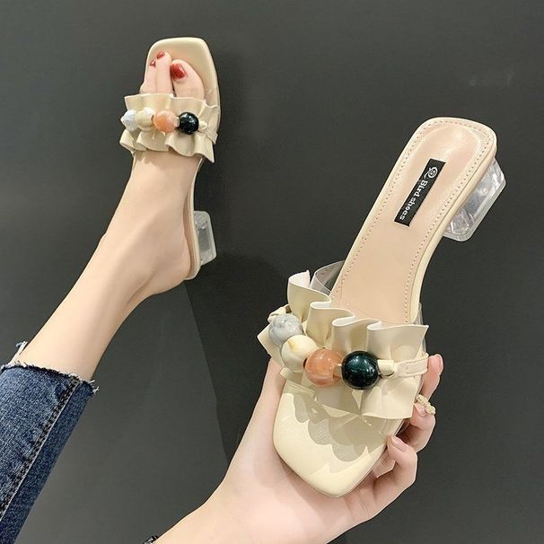 2024 Summer New Mid Heel Western Style Cool Female One Line Slippers Beaded Crystal Heels For Outwear_vogvips.com
