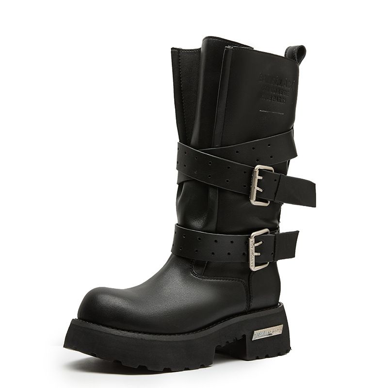 2025 New Chunky Martin For Women, Venom Knight Boots, Heel, Thick Sole, Mid-Calf, Hot Girl Motorcycle Boots_vogvips.com