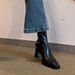 Cowhide Slimming New French Style Slim High Chunky Heel Short Genuine Leather Back Zipper Elastic Boots For Women_vogvips.com