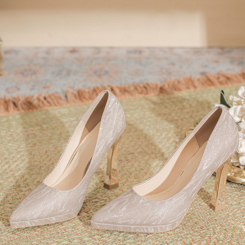 2026 New Model Pointed Toe Sequin Rhinestone High Heels Women, Chunky Heel, 10cm Platform, Elegant Catwalk Shoes For_vogvips.com