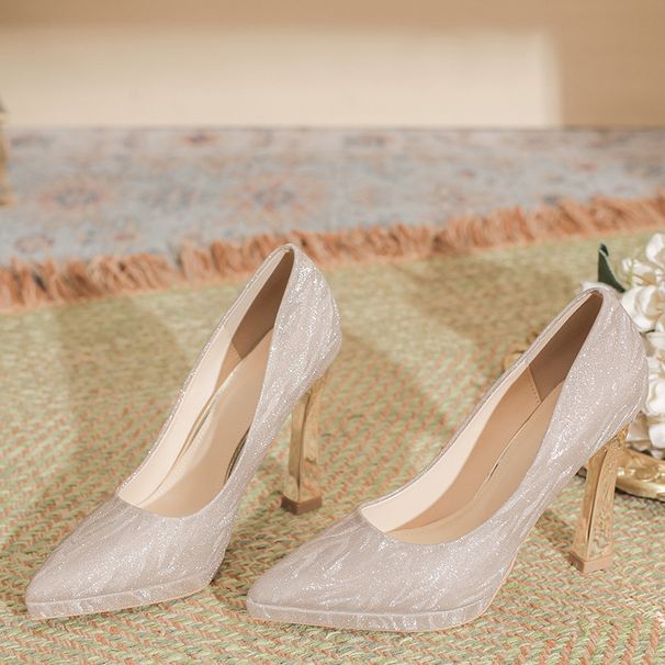 2026 New Model Pointed Toe Sequin Rhinestone High Heels Women, Chunky Heel, 10cm Platform, Elegant Catwalk Shoes For_vogvips.com