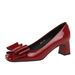 6291-H87 French Style Patent Leather Bow Mid-Heel Square Toe Shallow Mouth Chunky Heel Women's Comfortable Versatile_vogvips.com