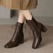 Jinbukang Women's Short High Chunky Heel French Martin Elegant Slim Boots Lace-up Soft Leather Square Toe Cut_vogvips.com