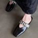 Sweet And Cool Metal Single Shoes For Women With Inner Height Increase And Outer Wear, Closed Toe Slippers, Square Toe, One Strap Half Slippers_vogvips.com