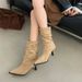 Pointed Toe Thin Heel Suede French Style Slim Short Fashion Buckle Strap Khaki Mid-Calf Pleated Slouch Boots_vogvips.com