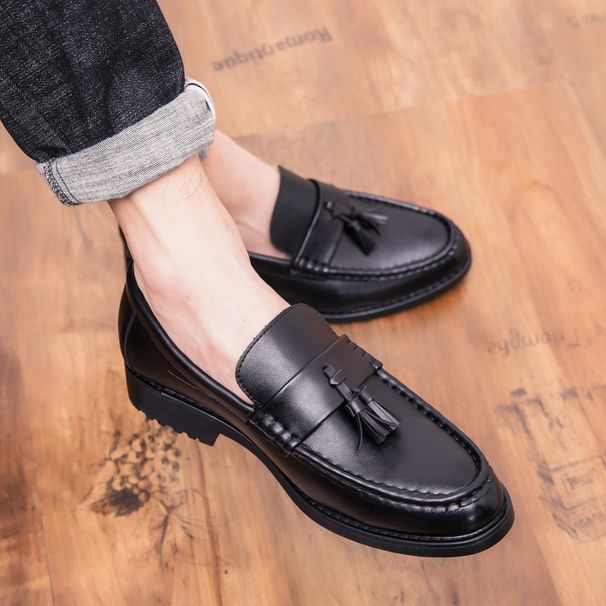 Euro Step Tassel For Men Korean Version British Style Pointed Men's Brogue Thick Sole Slip-On Hairstylist Leather Shoes_vogvips.com