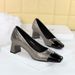 5299 Korean Version Banquet Women's Shoes Mary Jane Cracked Splicing Commuting High Heels Mid Thick Heel Square Toe_vogvips.com