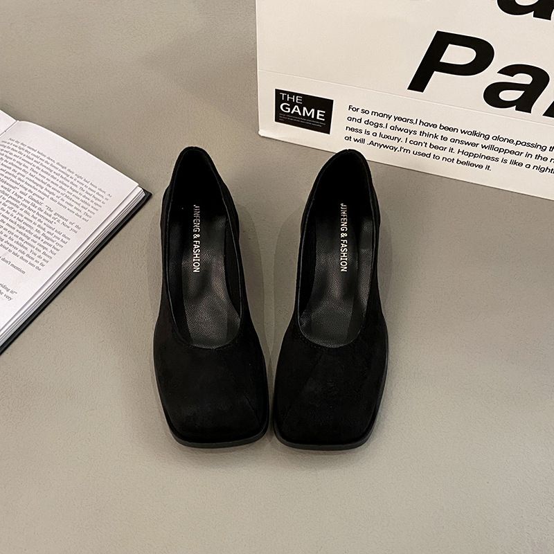French Evening Wind Square Head Shallow Mouth Thick High Heels Women S Retro Maillard Not Tired Feet Small Leather_vogvips.com