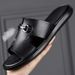 SHLIANG Fashion New Men Leather Waterproof One Word Slippers Soft Sole Non Slip Lightweight Summer Outdoor Slippers Sandals V0045_vogvips.com
