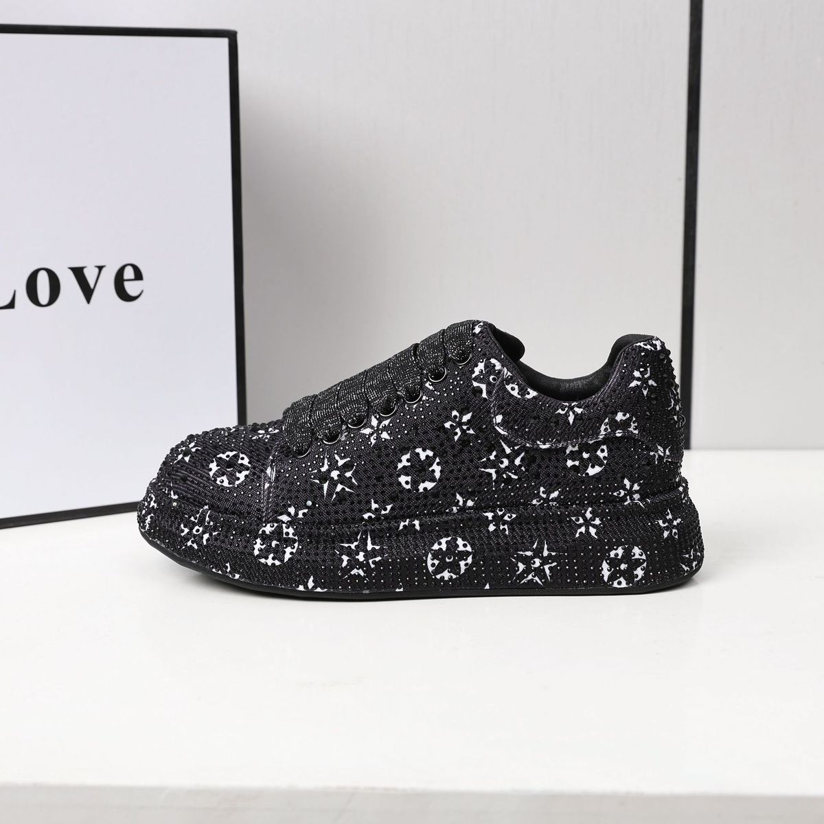 Women's Crystal Rhinestone Platform Sneakers - Breathable Round-Toe Casual Shoes With Floral Design For Spring/Summer/Fall_vogvips.com