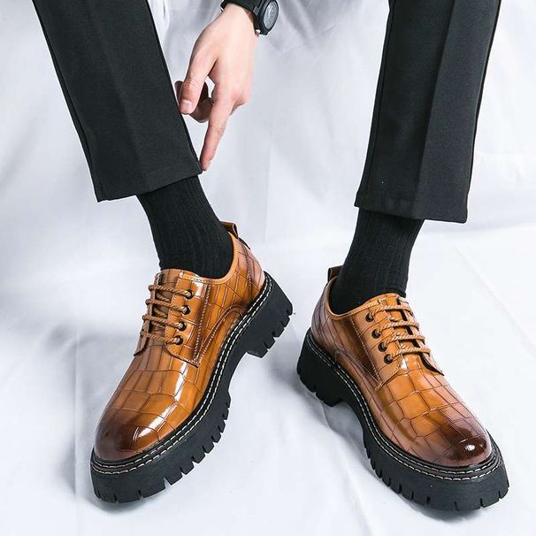 Euro Step New Crocodile Pattern Casual Leather For Men Round Toe Korean Style Business Formal Height Increasing Men's Brogue_vogvips.com