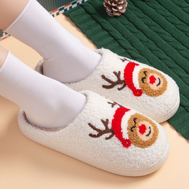 In Stock Cute Antler Christmas Element Cotton Slippers For Women, Fleece-Lined Thickened, Home Warmth, Autumn And Winter_vogvips.com