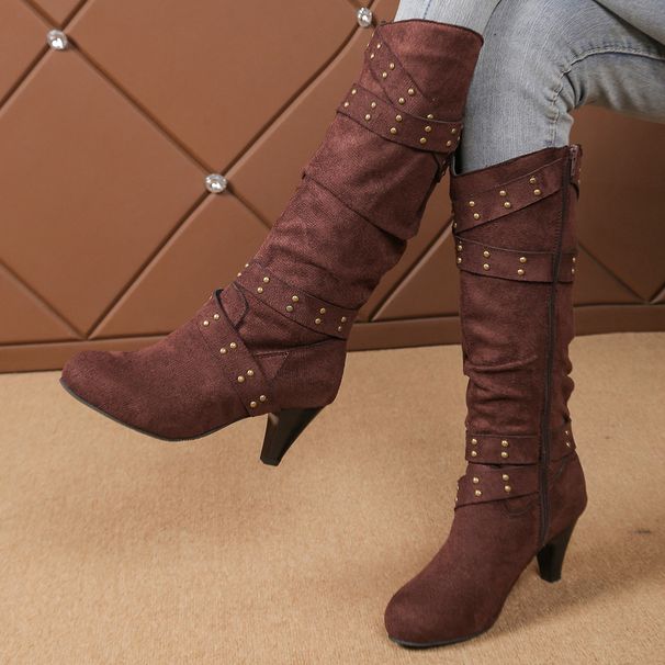 Women's Retro Suede Mid Heel Western Boots Winter Studded Chunky High Top Fashion Boots Plus Size_vogvips.com