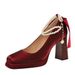 9982-H79TP Korean Version Square Toe Thick Heel Waterproof Platform High-heeled Shoes With Pearl Ribbon And Butterfly_vogvips.com