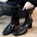 Cowhide Slimming New French Style Slim High Chunky Heel Short Genuine Leather Back Zipper Elastic Boots For Women_vogvips.com