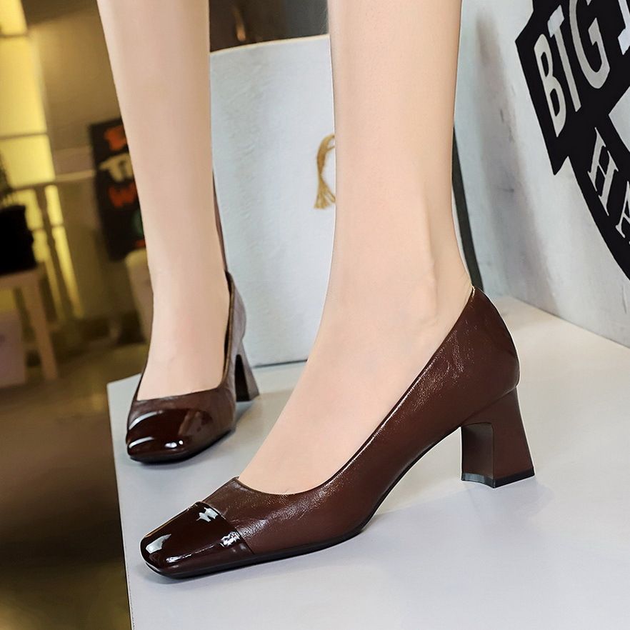 Women's Shoes Thick Heel Medium Heel Shallow Mouth Splicing Square Head New Single Shoes Women_vogvips.com