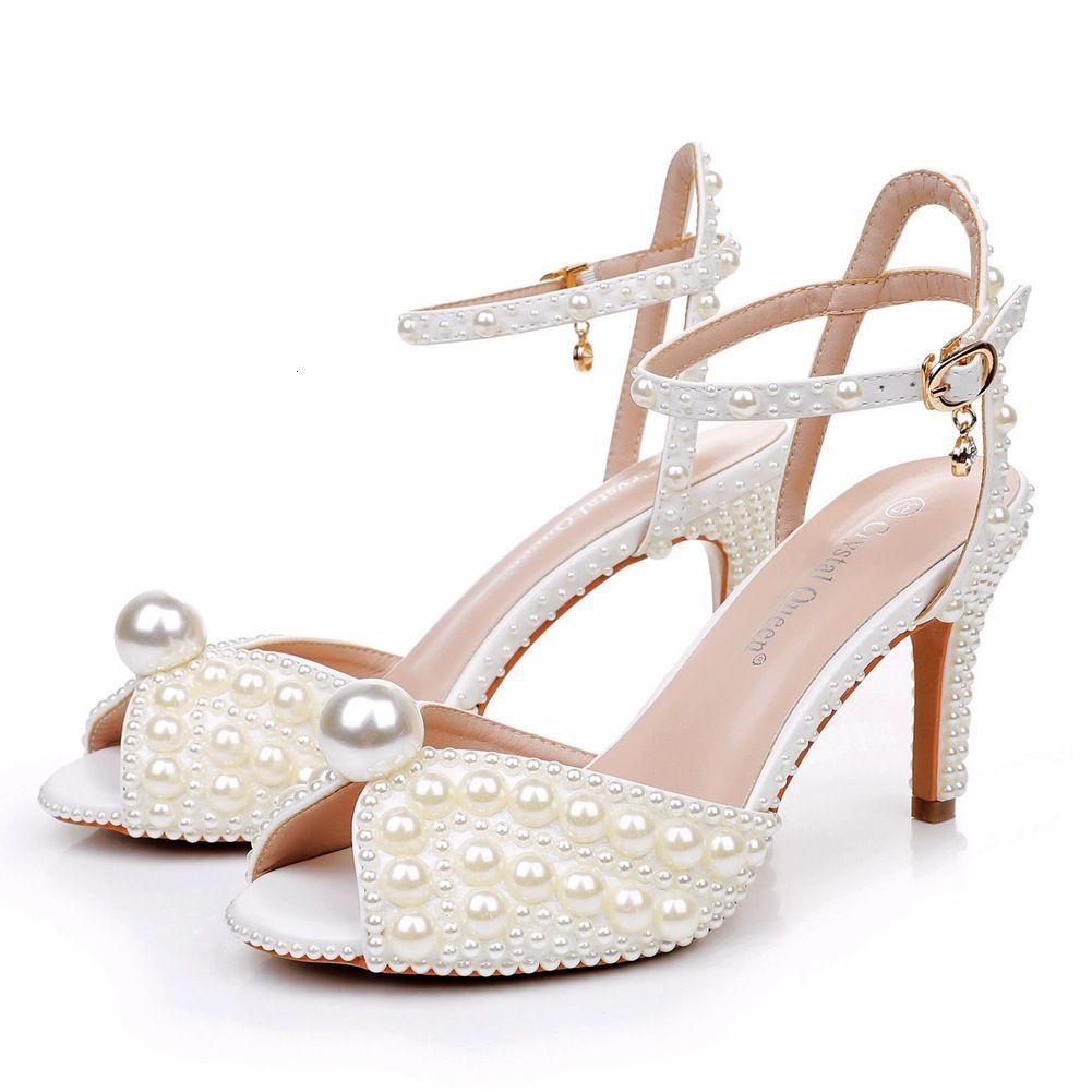 White Pearl High Heel Sandals For Women With Ankle Buckle Strap And Peep Toe Daily Outfit_vogvips.com