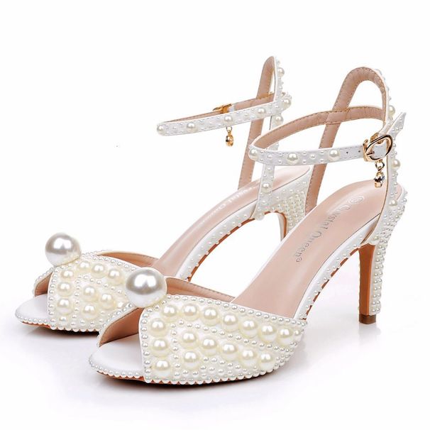 White Pearl High Heel Sandals For Women With Ankle Buckle Strap And Peep Toe Daily Outfit_vogvips.com