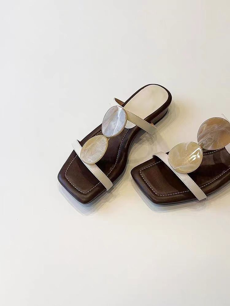 Women's Sheepskin Square Toe Open Toe Sandals Retro Bohemian Style Flat Slippers New Style_vogvips.com