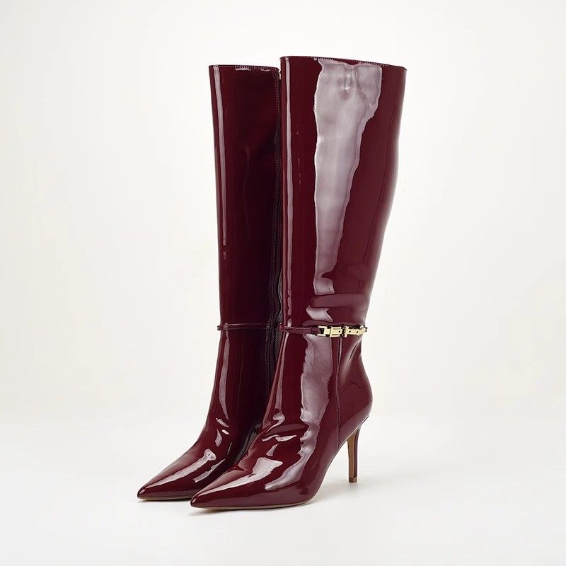Foreign Trade US Original Large Size Wine Red Patent Leather Pointed Toe Stiletto Heel Belt Buckle Zipper High Tube_vogvips.com