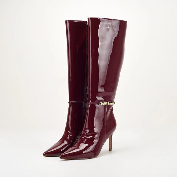 Foreign Trade US Original Large Size Wine Red Patent Leather Pointed Toe Stiletto Heel Belt Buckle Zipper High Tube_vogvips.com
