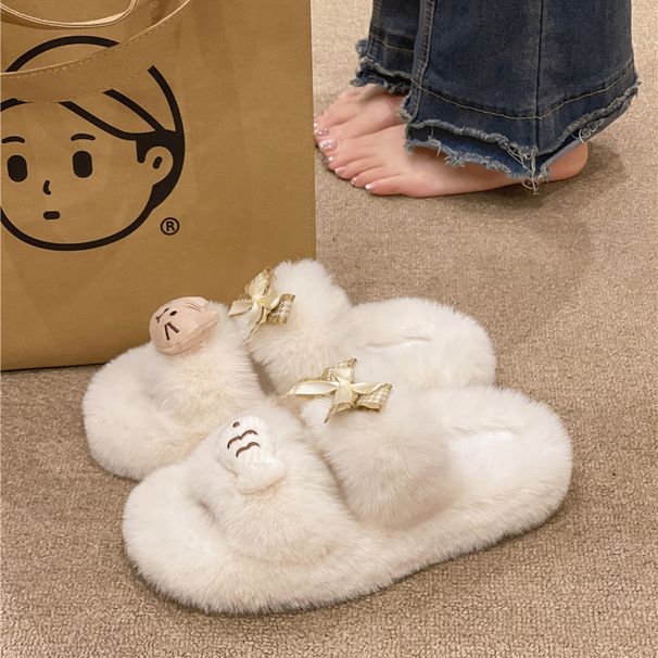 2024 Autumn Winter New Thick-Soled Fleece-Lined Cute Fluffy For Women Cotton Women's One-Strap Slippers_vogvips.com