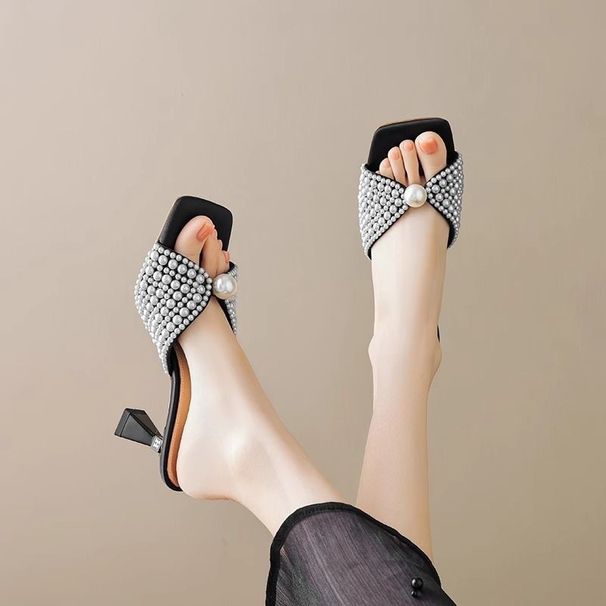 Summer New Black Pearl Square Toe Sandals - Women's Everyday Work-friendly, Comfortable, Leg-lengthening High Heels_vogvips.com