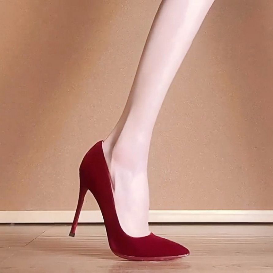 Women's Shoes Red High Heels, Versatile, Slim Fit, Sexy, Suede, Red Sole, Wedding Shoes, Elegant Pointed Toe Single Shoes_vogvips.com