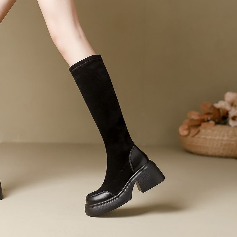 Over-the-Knee Martin Women High 2024 Autumn Winter New Thick Sole Short Chunky Heel Stretch Single Boots Slim_vogvips.com