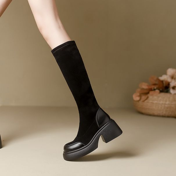 Over-the-Knee Martin Women High 2024 Autumn Winter New Thick Sole Short Chunky Heel Stretch Single Boots Slim_vogvips.com