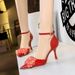 8323-H27 Style Shoes With High Heels, Patent Leather, Shallow Mouth, Pointed Tip, Hollow Rhinestone Bow, One Line Strap,_vogvips.com