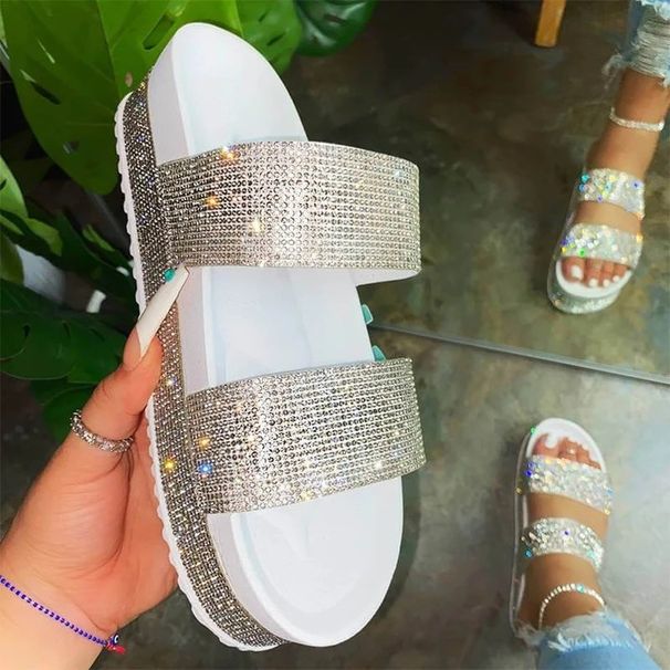 Plus Size Rhinestone Sandals Women's Summer New Flat Thick Sole One-strap Beach Sandals_vogvips.com