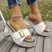 Women's Shoes Large Size 43 Square Heel Thick Sole Heightening Style One Strap Sandals Summer Buckle Rivet Women's Shoes_vogvips.com