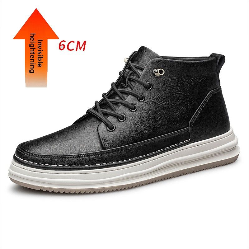 Cowhide Men's Round Head Lace-up Board Shoes Genuine Leather Casual Men's Mid-top Leather Shoes Invisible Inner Height Increase Men's Shoes_vogvips.com
