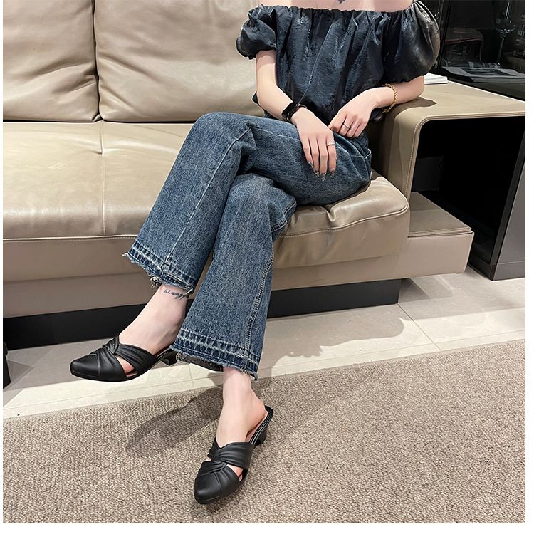 Heli Shark New Summer Fashion Solid Color Pointed Toe Half Slippers Casual Outdoor Thick Women's Shoes Hollow Low Heel_vogvips.com