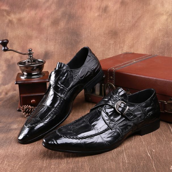 ShoeVault Crocodile Pattern Buckle Business Formal British Style Leather Men's Pointed Toe Single Shoes_vogvips.com