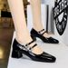 1389-1 Daily Versatile Sweet Mary Jane Women's Shoes Mid Heel Lacquered Leather Shallow Mouth Round Head Water Diamond_vogvips.com