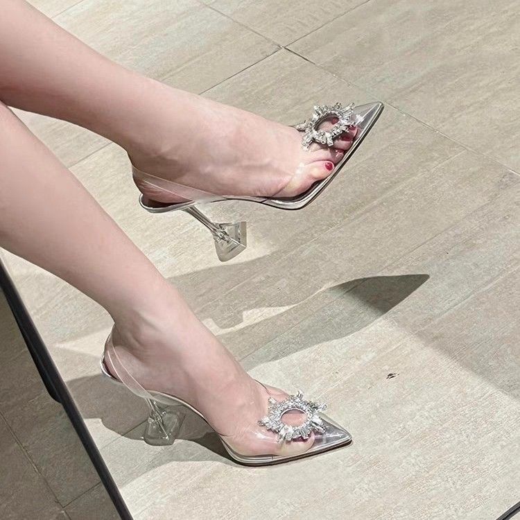Upgraded New European And American Style Wine Glass Heel Fashionable Transparent Sunflower Rhinestone Closed-Toe Sandals_vogvips.com