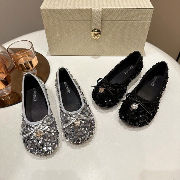 French Socialite Flat Bottomed Single Children's Shoes, 2025 Spring Fairy Style Round Toe Sequined Soft Leather Bean_vogvips.com