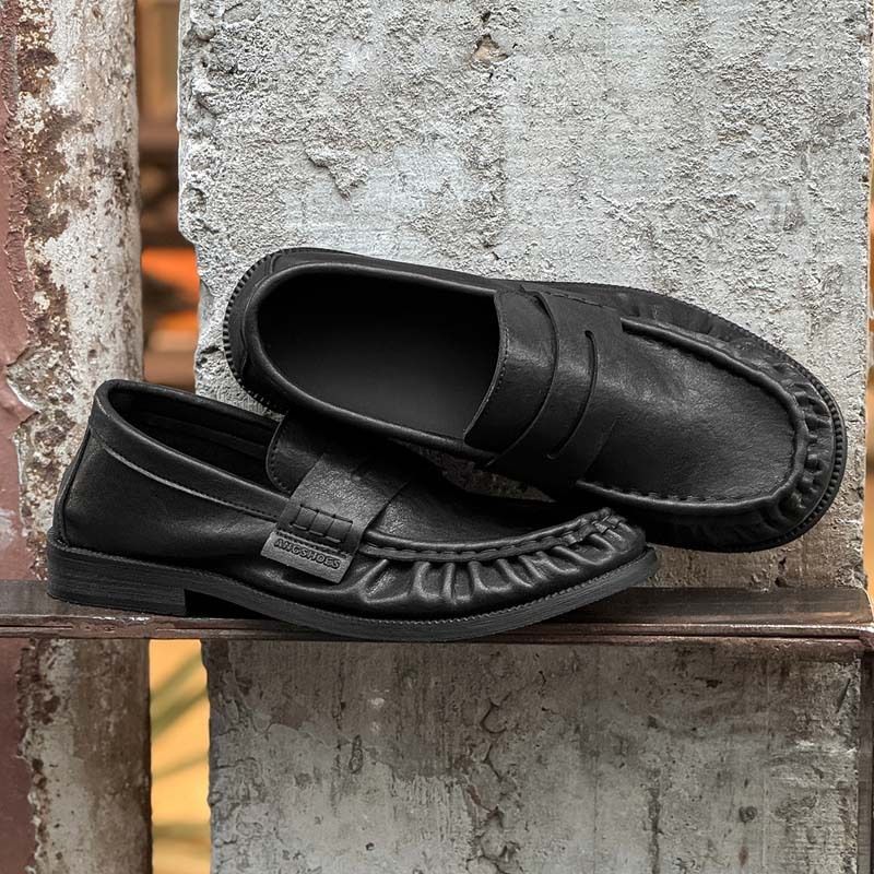 Men Black Pleated Leather Loafers Slip On Low Block Heel Vintage Casual Penny Shoes_vogvips.com