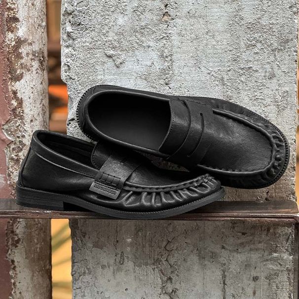 Men Black Pleated Leather Loafers Slip On Low Block Heel Vintage Casual Penny Shoes_vogvips.com